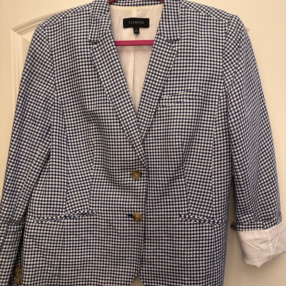 Talbots Royal Blue/White Linen gingham blazer